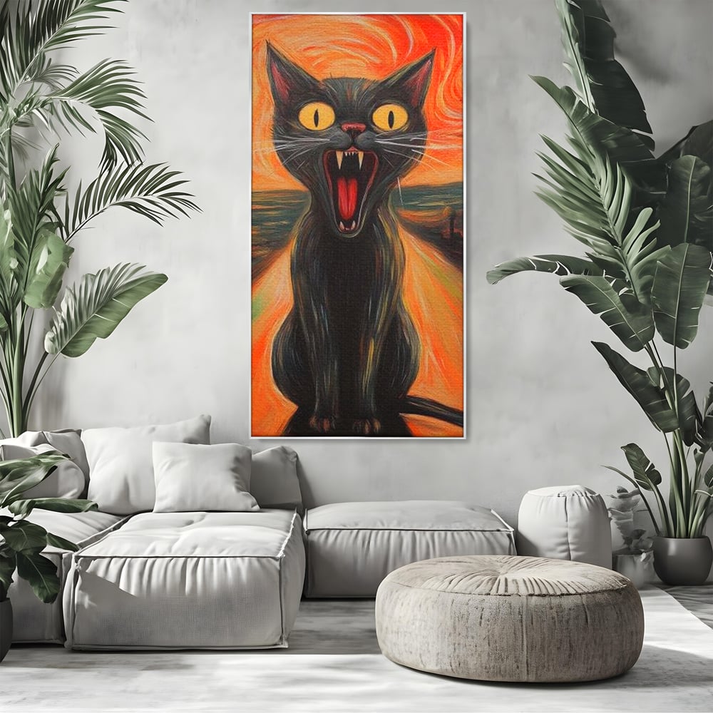 Tablou canvas cu tablou canvas cu pisica neagra care urla, in rama de aluminiu argintiu, pe perete intr-un living